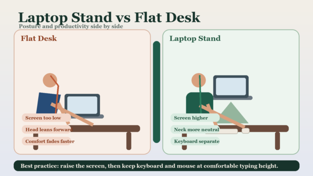 Illustrated comparison of a flat desk laptop setup versus a laptop stand setup for posture and productivity.