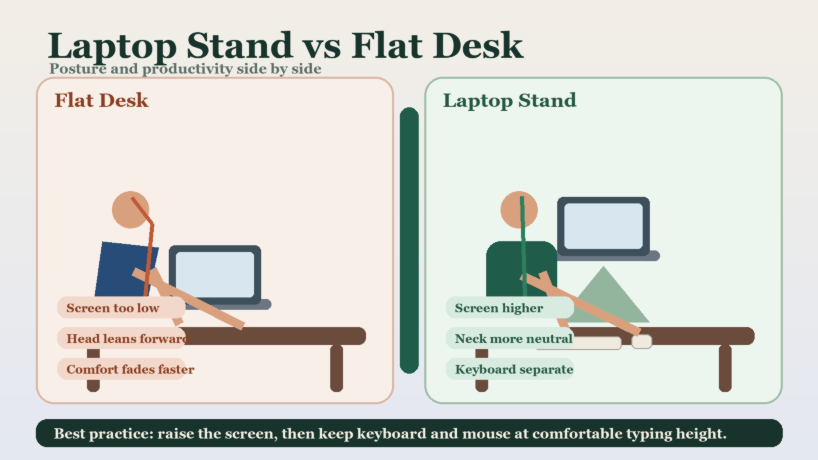 Laptop stand versus flat desk posture comparison